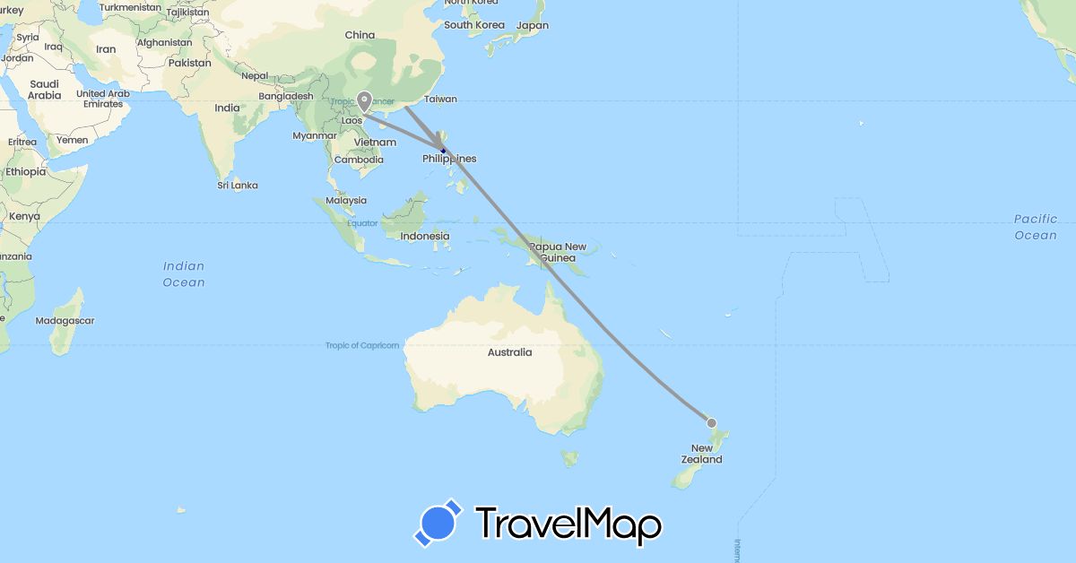 TravelMap itinerary: driving, plane in China, New Zealand, Philippines, Vietnam (Asia, Oceania)